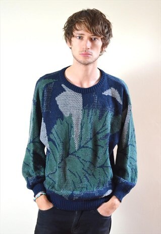 80S VINTAGE BLUE & GREEN LEAF PATTERN KNIT JUMPER