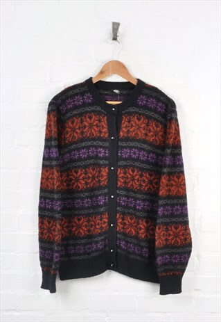VINTAGE KNITWEAR CARDIGAN BUTTON UP WOOL BLACK/RED/PURPLE L