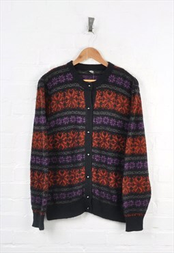 Vintage Knitwear Cardigan Button Up Wool Black/Red/Purple L