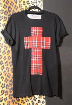 Pretty Disturbia Unisex Black Red Tartan Cross T-shirt