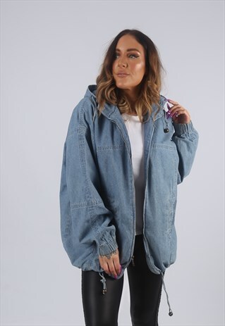 VINTAGE DENIM BOMBER JACKET OVERSIZED HOODED UK 14 (W2C)