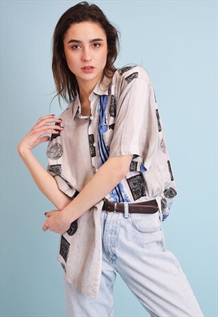 90'S RETRO ABSTRACT PRINT OVERSIZED SHIRT BLOUSE TOP