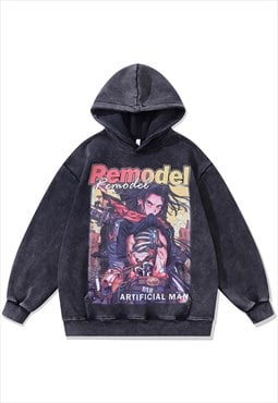 Anime print hoodie Remodel pullover Japanese cartoon jumper