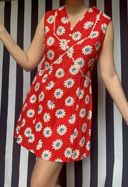 Vintage 60s Mini Red Daisy Sleeveless Dress or Tunic