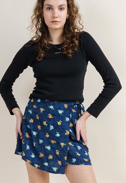 Vintage 90s Grunge Mini Ditsy Floral Blue Wrap Skirt XS/S