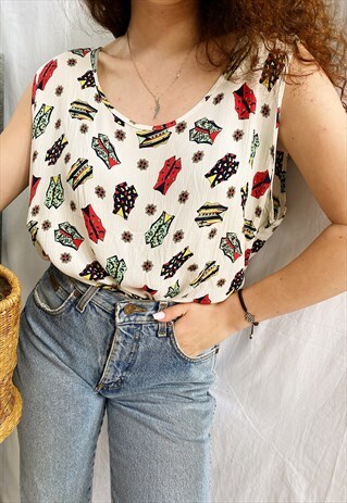 VINTAGE 80S HAUTE BOHEME WHITE BLOUSE TUNIC TOP BOHO