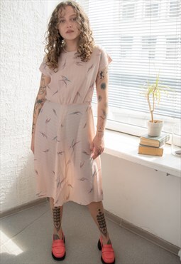 Vintage 70's Pink Abstract Print Glitter Thread Midi Dress