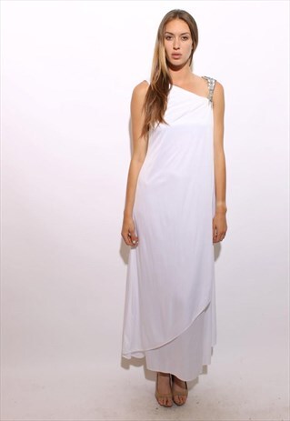 VINTAGE 1970'S 70'S DEADSTOCK ONE SHOULDER WHITE GOWN DECO M