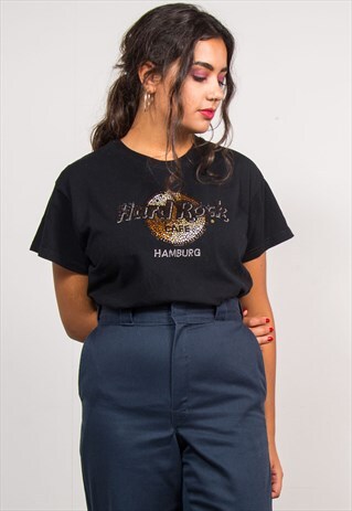 90'S VINTAGE HARD ROCK CAFE HAMBURG RHINESTONE BLACK T-SHIRT