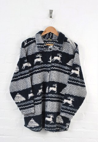 VINTAGE FLEECE JACKET STAG PRINT NAVY/GREY LADIES LARGE