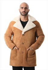 Mens Sheepskin Coat - Whiskey Suede / White Curly Wool