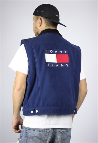 RARE MENS TOMMY HILFIGER BIG LOGO FLEECE VEST JACKET
