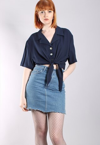 VINTAGE 80S NAVY BLUE OVERSIZE TIE UP SHIRT CROP TOP