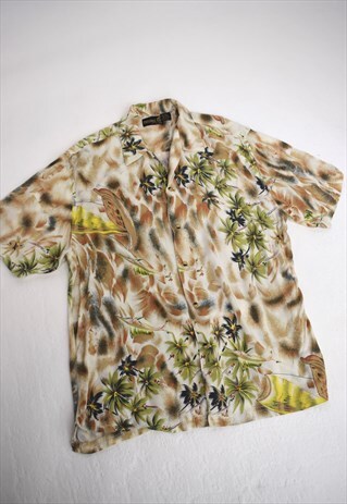 VINTAGE 90S THUMS UP BROWN TROPICAL PRINT SHIRT
