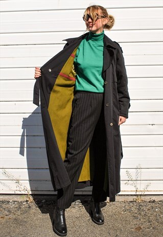 VINTAGE 90S BLACK WOOL LINED TRENCH COAT