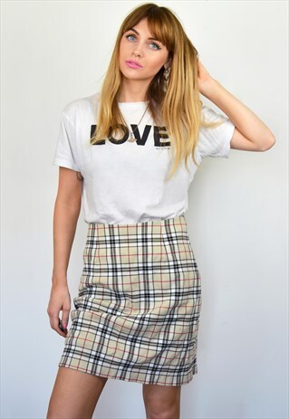 VINTAGE 90S CLUELESS BROWN & BEIGE CHECK PLAID PENCIL SKIRT
