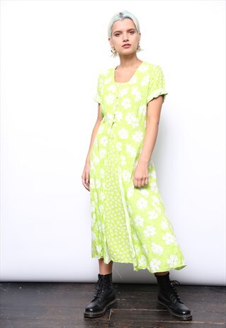 VINTAGE 90S GREEN DAISY FLORAL PRINT MIDI DRESS