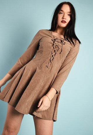 90'S RETRO VELVET BOHO LACE-UP NEUTRAL MINI DRESS