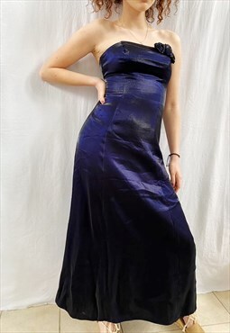 Vintage Y2K Satin Navy blue bandeau evening prom maxi dress