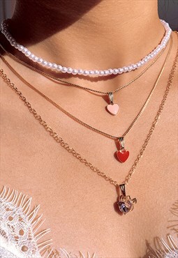 Festival heart acrylic gold pearl necklace stack