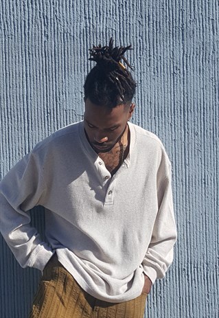 90S OVERSIZE SPORTSWEAR SKATER BEIGE KNIT HENLEY MEDIUM