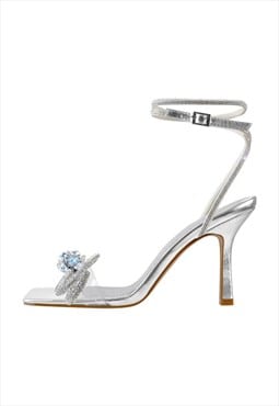 Square Toe Diamante Bow Rhinestone Ankle Strap Sandals