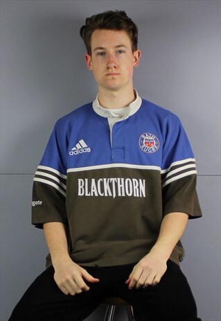 VINTAGE ADIDAS BATH RUGBY T-SHIRT IN BLACK AND BLUE WITH EMB