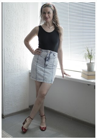 VINTAGE 90'S WASHED DENIM HIGH WAIST MINI SKIRT