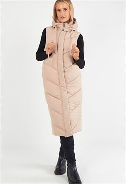 justyouroutfit Sleeveless Hooded Puffer Long Gilet Beige