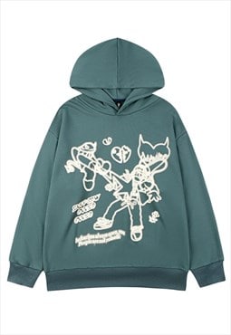Anime print hoodie Japanese cartoon pullover retro top green