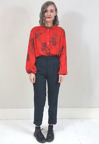 VINTAGE 70'S RED FLORAL BLOUSE W/ ELASTICATED CUFFS