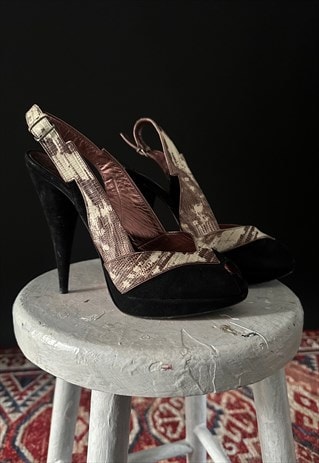 Vintage Miu Miu Black Suede Glam Rock Peep Toes Shoes 