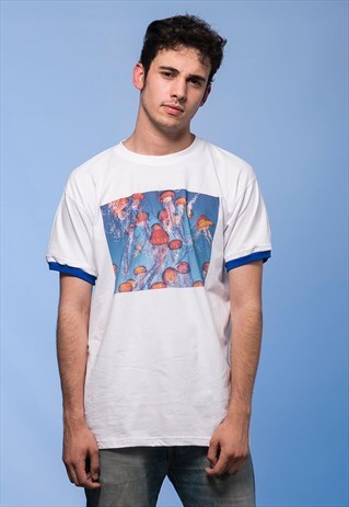 RINGER BLUE JELLYFISH TRIM T SHIRT SLEEVE BLUE