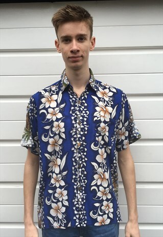 MENS VINTAGE 80S SHIRT BLUE ABSTRACT TOP HAWAIIAN SHIRT