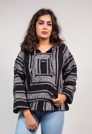 90'S VINTAGE BLACK STRIPED GRUNGE STYLE BAJA HOODIE TOP