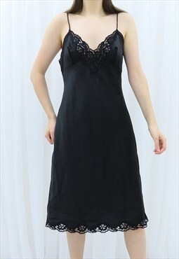 90s Vintage Black Lace Satin Dress