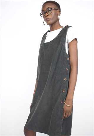 VINTAGE 90S CHARCOAL CORDUROY BUTTON SMOCK DRESS