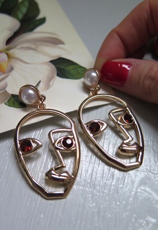 GOLD ABSTRACT ART DECO JEWELLED FACE EARRINGS