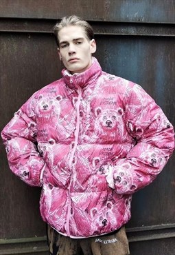 Reversible teddy bear bomber cartoon puffer jacket in pink