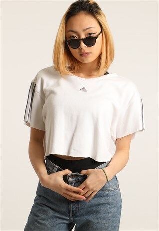 VINTAGE ADIDAS EMBROIDERED SHORT SLEEVE CROPPED SWEATSHIRT