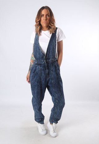 DENIM DUNGAREES ACID WASH WIDE TAPERED LEG UK 16 (51E)