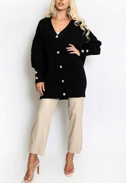 Pearl Button Oversized Cardigan In Black