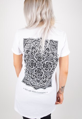 ROSE MANDALA WHITE LONGLINE T-SHIRT