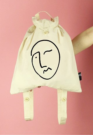 FACE LINE DRAWING PRINT CANVAS BACKPACK - BLACK ON NATURAL
