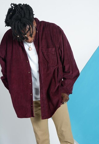 VINTAGE CHECKED CORDUROY SHIRT IN MAROON.