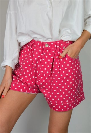 VINTAGE 90S PINK & WHITE POLKA DOT DENIM HIGH WAISTED SHORTS