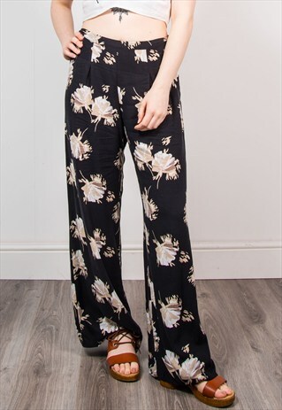 RETRO WIDE LEG BLACK FLORAL PATTERN FESTIVAL SUMMER TROUSERS