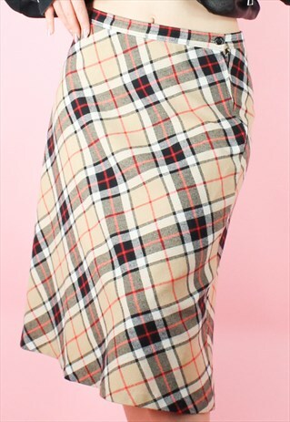 VINTAGE 90S SKIRT TARTAN Y2K MIDI PLAID RED BLACK BEIGE