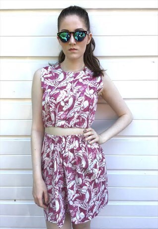 WOMENS 90S COORD SET PINK BOHO FESTIVAL SKIRT AND CROP TOP