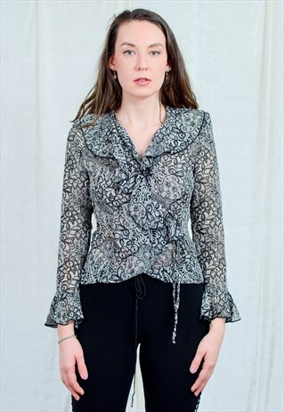 BOHO SHIRT SHEER BLOUSE FRILL LONG SLEEVE FLORAL PATTERN M